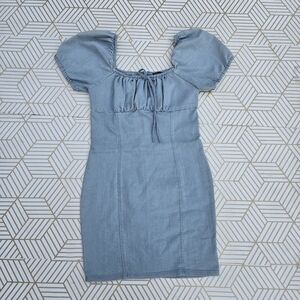 Iris Demin Mini Dress Light Blue Square Neckline Puffy Sleeve Front Ruched